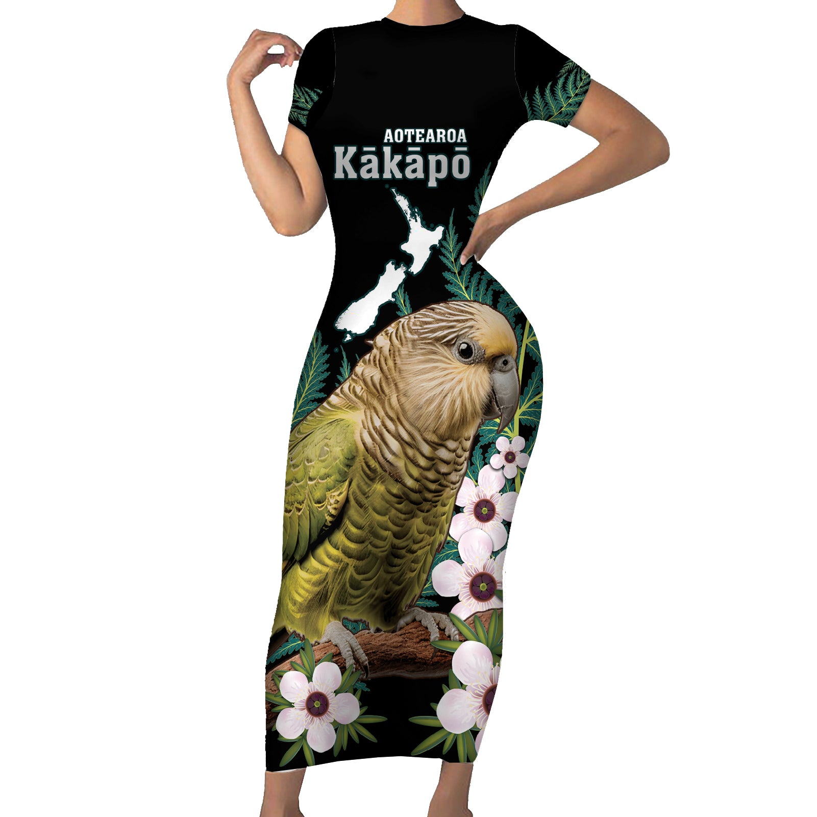 Personalised New Zealand Kakapo Short Sleeve Bodycon Dress Aotearoa Fern With Manuka