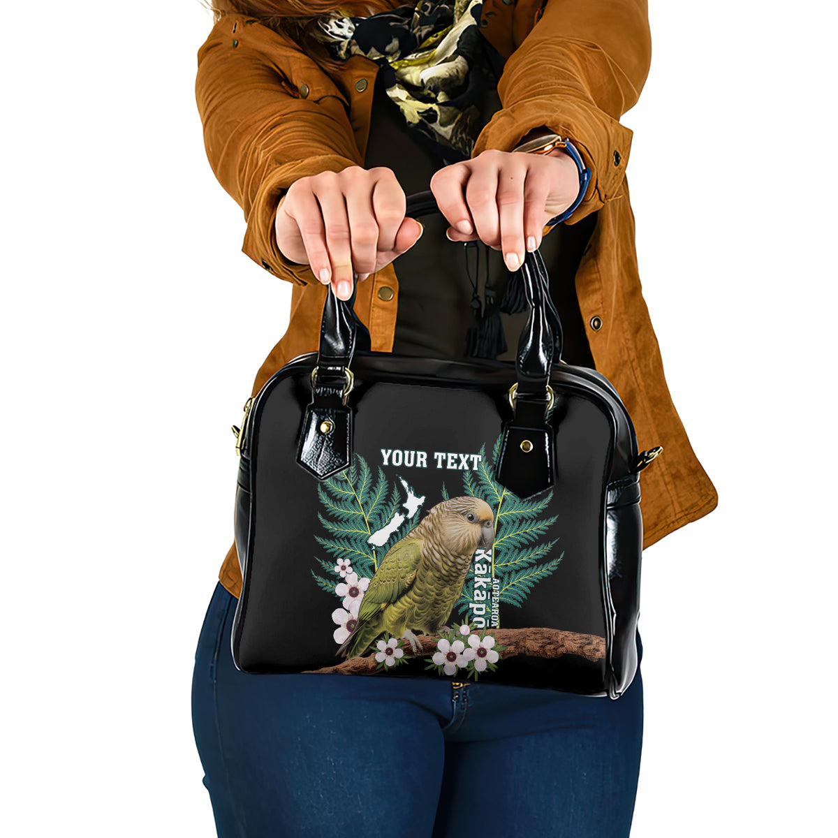 Personalised New Zealand Kakapo Shoulder Handbag Aotearoa Fern With Manuka LT14 One Size Black - Polynesian Pride