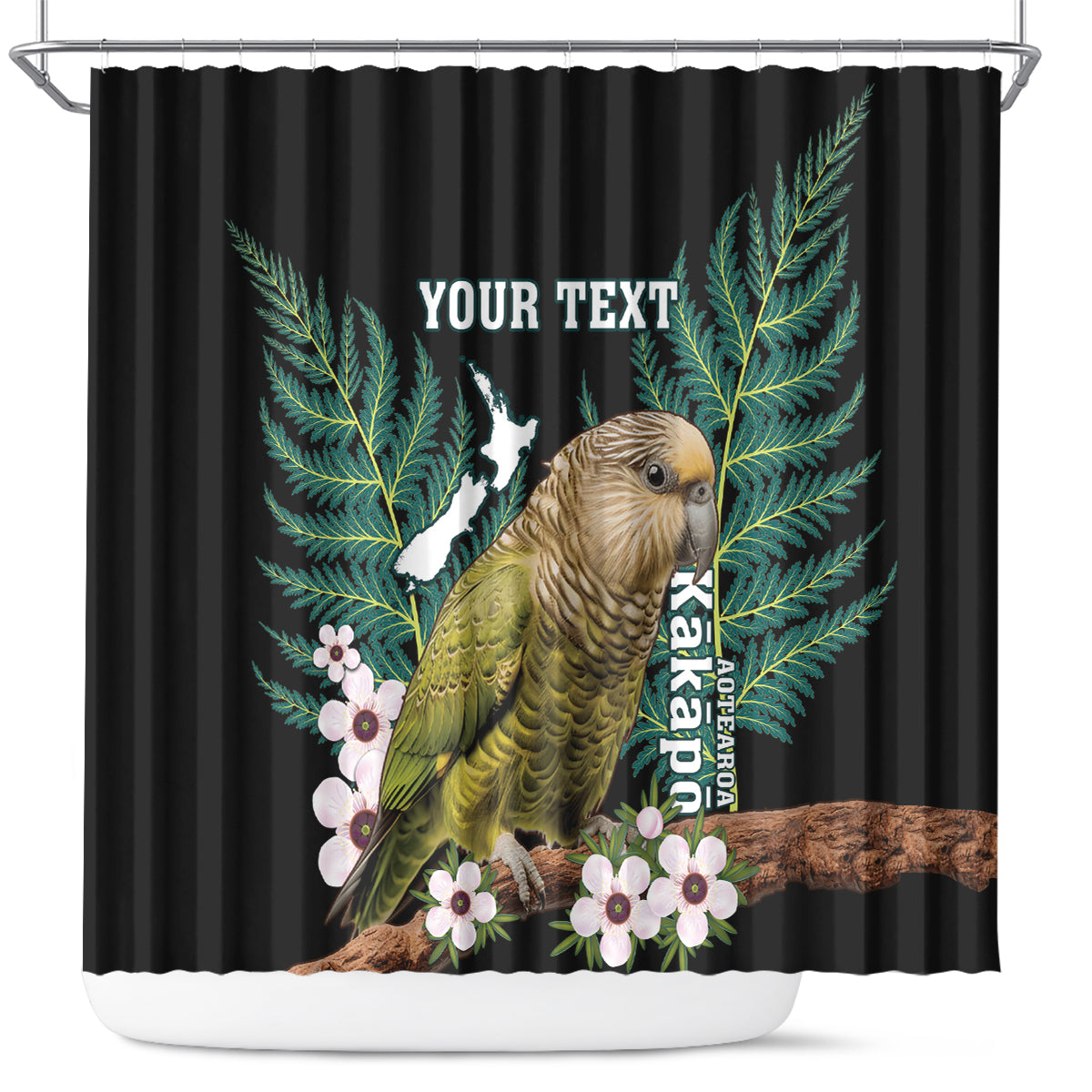 Personalised New Zealand Kakapo Shower Curtain Aotearoa Fern With Manuka LT14 Black - Polynesian Pride