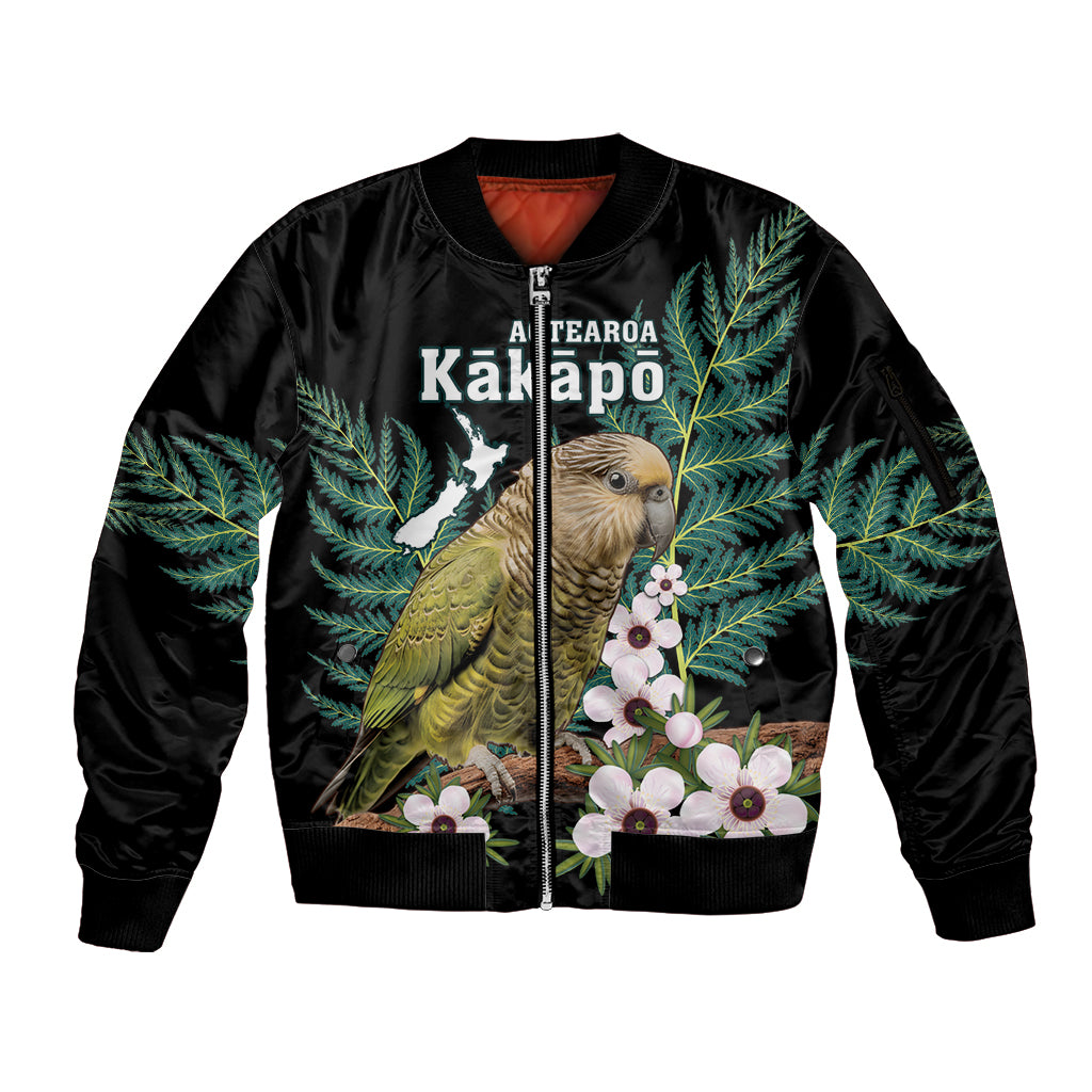 Personalised New Zealand Kakapo Sleeve Zip Bomber Jacket Aotearoa Fern With Manuka LT14 Unisex Black - Polynesian Pride