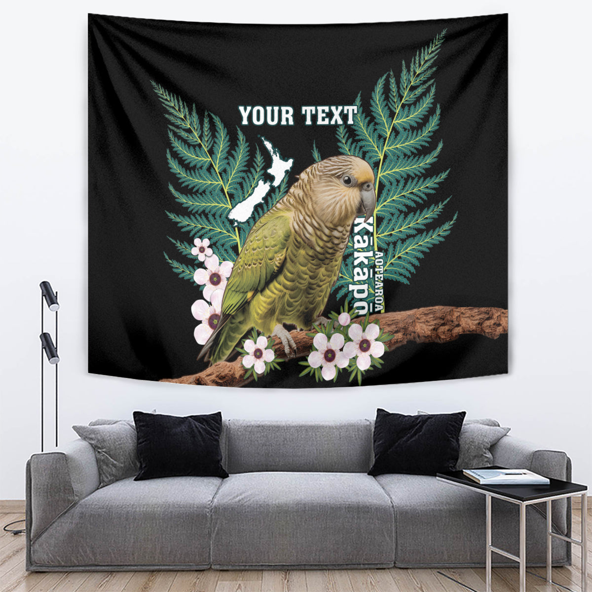 Personalised New Zealand Kakapo Tapestry Aotearoa Fern With Manuka LT14 Black - Polynesian Pride