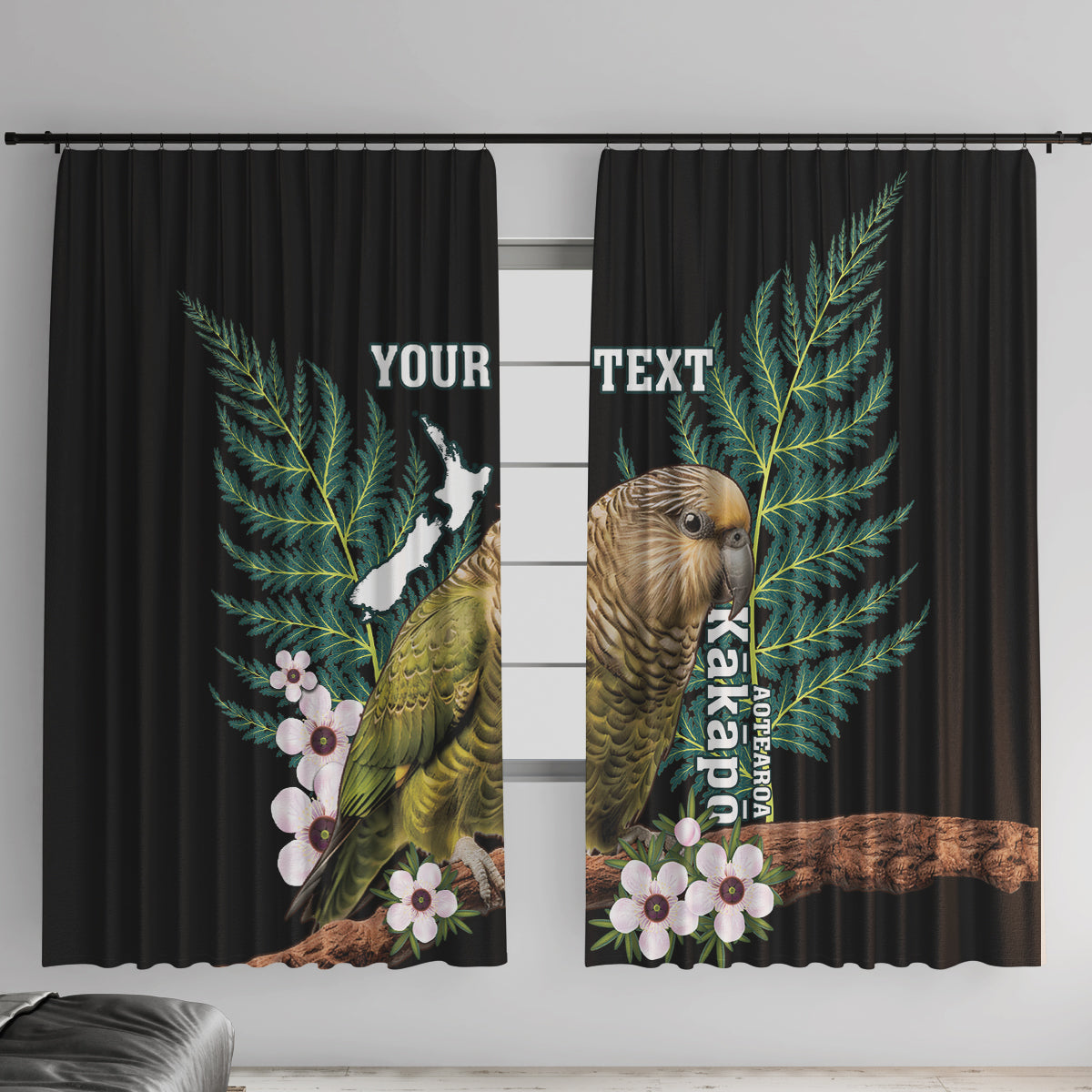 Personalised New Zealand Kakapo Window Curtain Aotearoa Fern With Manuka LT14 With Hooks Black - Polynesian Pride
