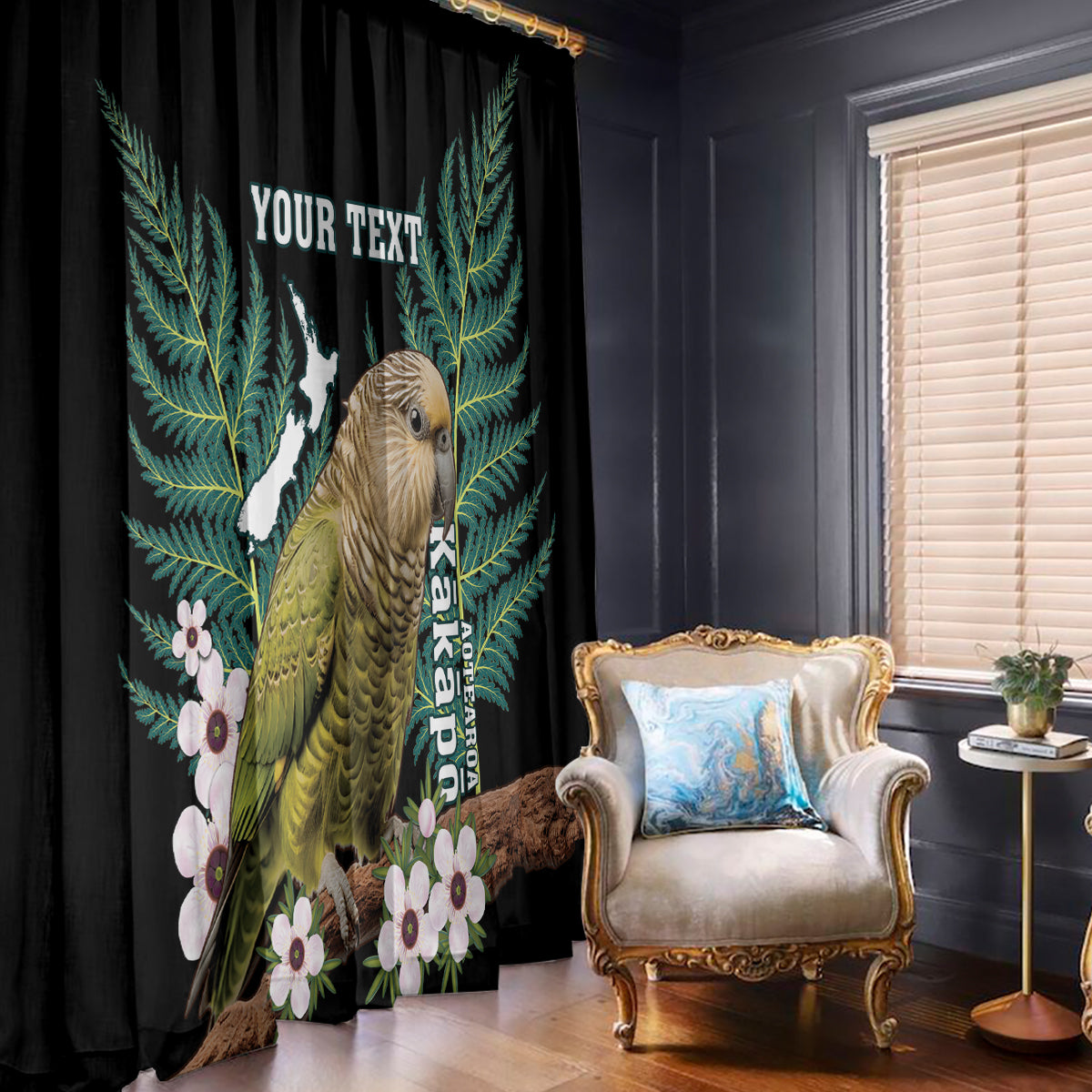 Personalised New Zealand Kakapo Window Curtain Aotearoa Fern With Manuka LT14 - Polynesian Pride