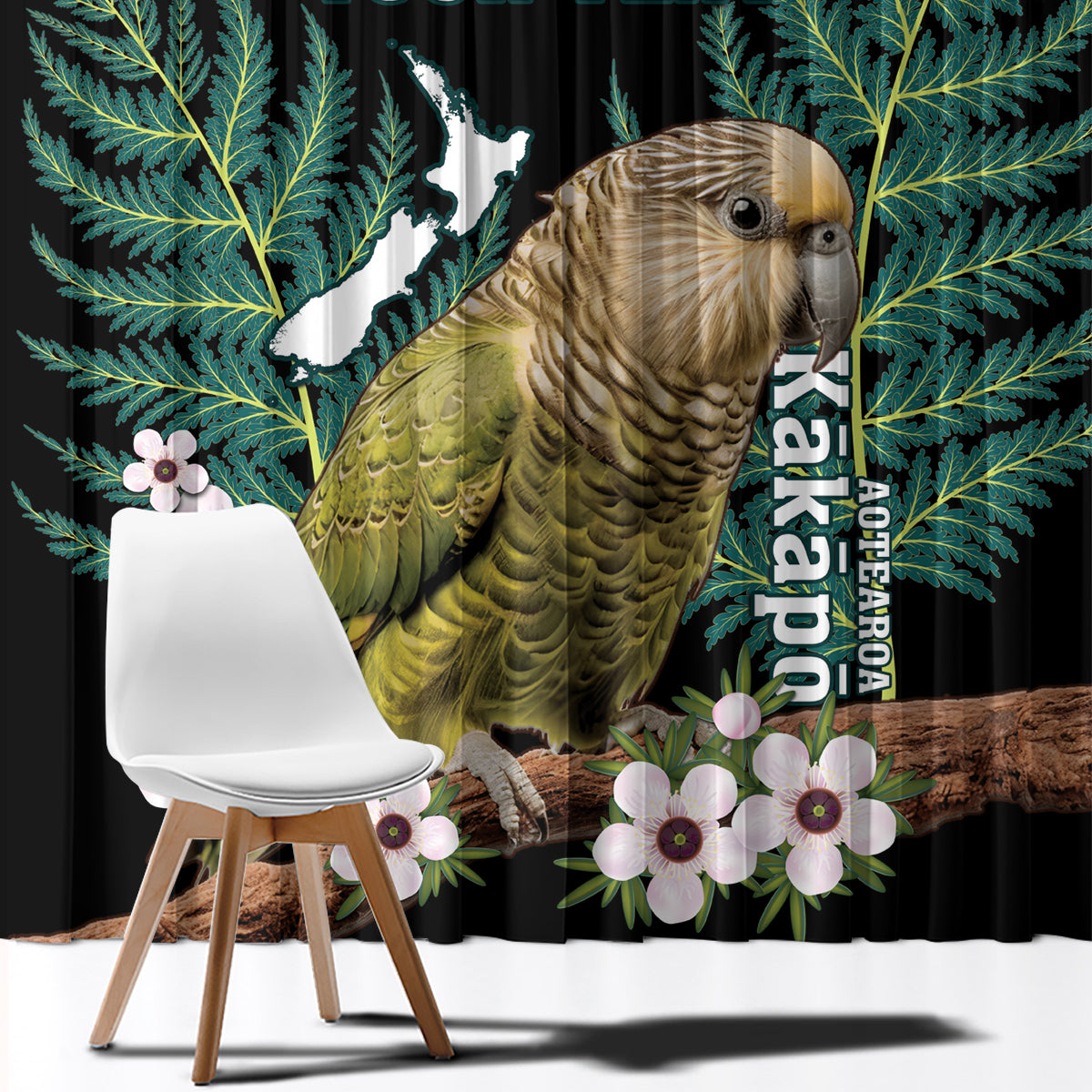 Personalised New Zealand Kakapo Window Curtain Aotearoa Fern With Manuka LT14 - Polynesian Pride