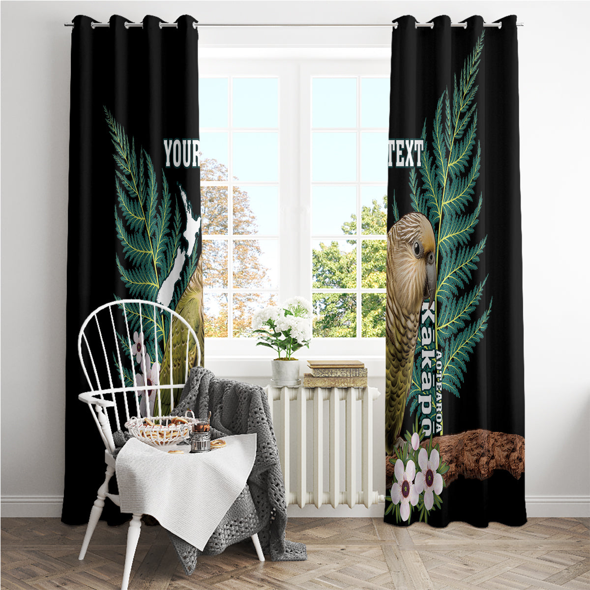 Personalised New Zealand Kakapo Window Curtain Aotearoa Fern With Manuka LT14 - Polynesian Pride