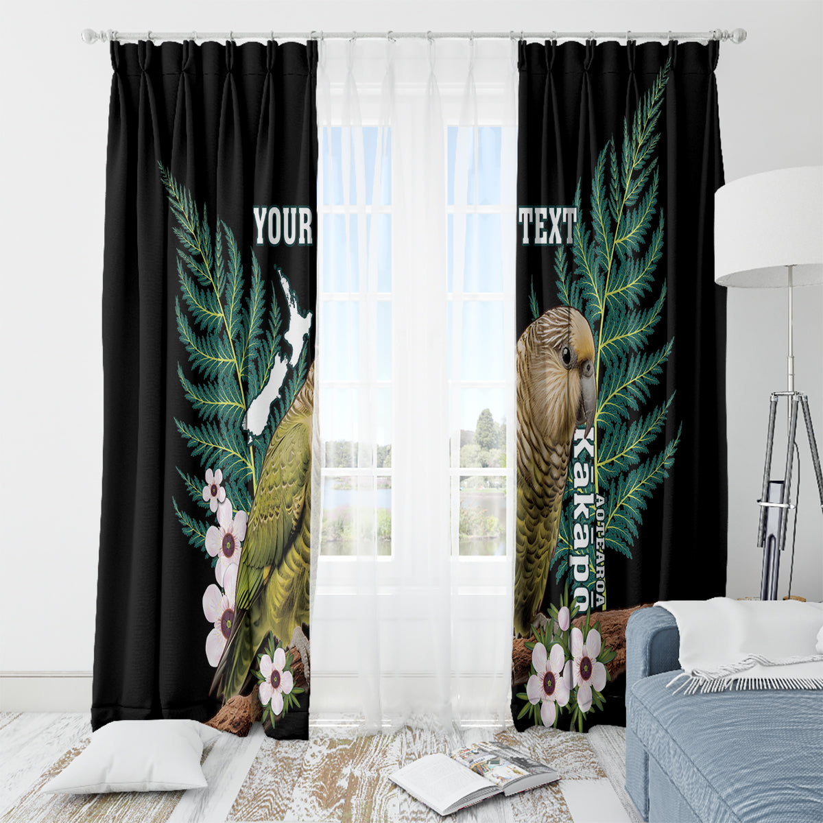 Personalised New Zealand Kakapo Window Curtain Aotearoa Fern With Manuka LT14 - Polynesian Pride