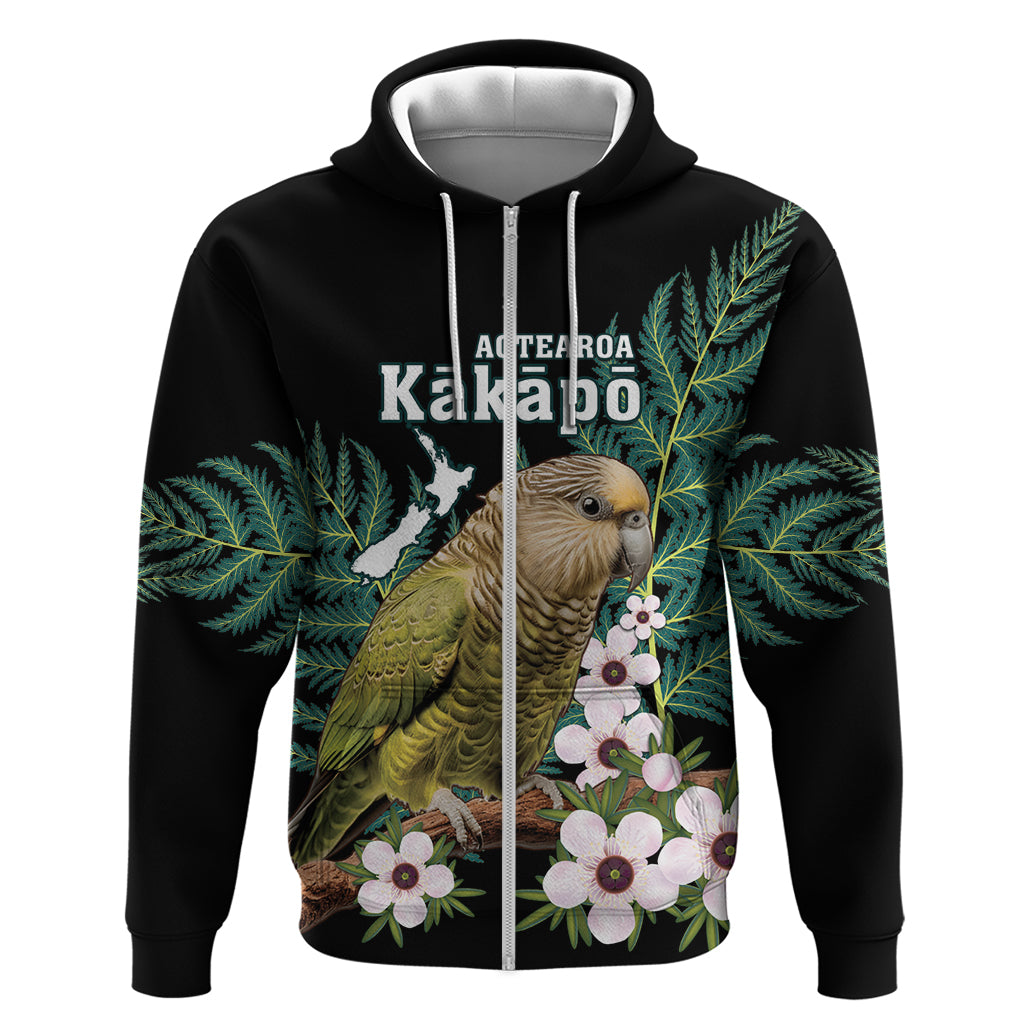 Personalised New Zealand Kakapo Zip Hoodie Aotearoa Fern With Manuka LT14 Zip Hoodie Black - Polynesian Pride