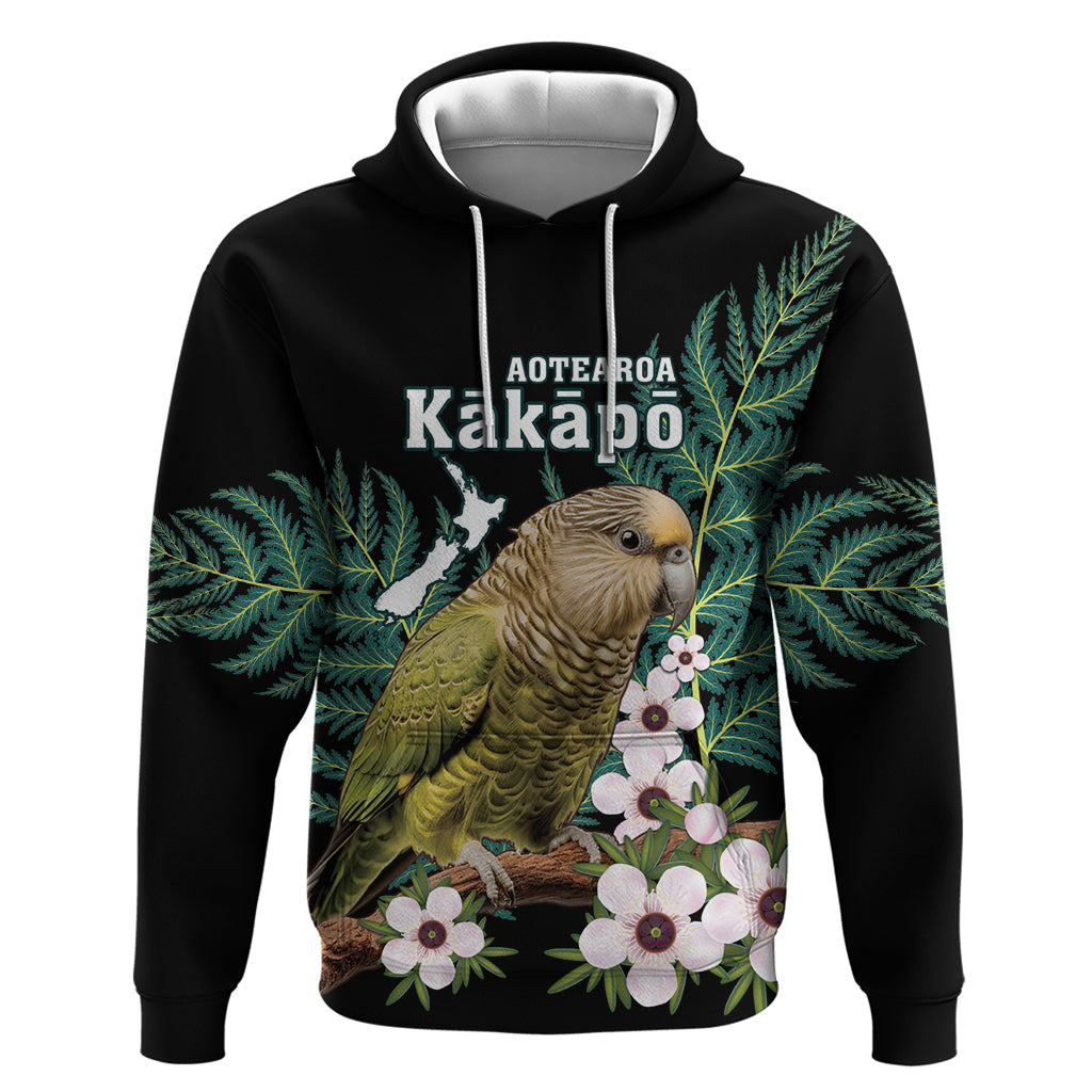 Personalised New Zealand Kakapo Zip Hoodie Aotearoa Fern With Manuka LT14 Pullover Hoodie Black - Polynesian Pride
