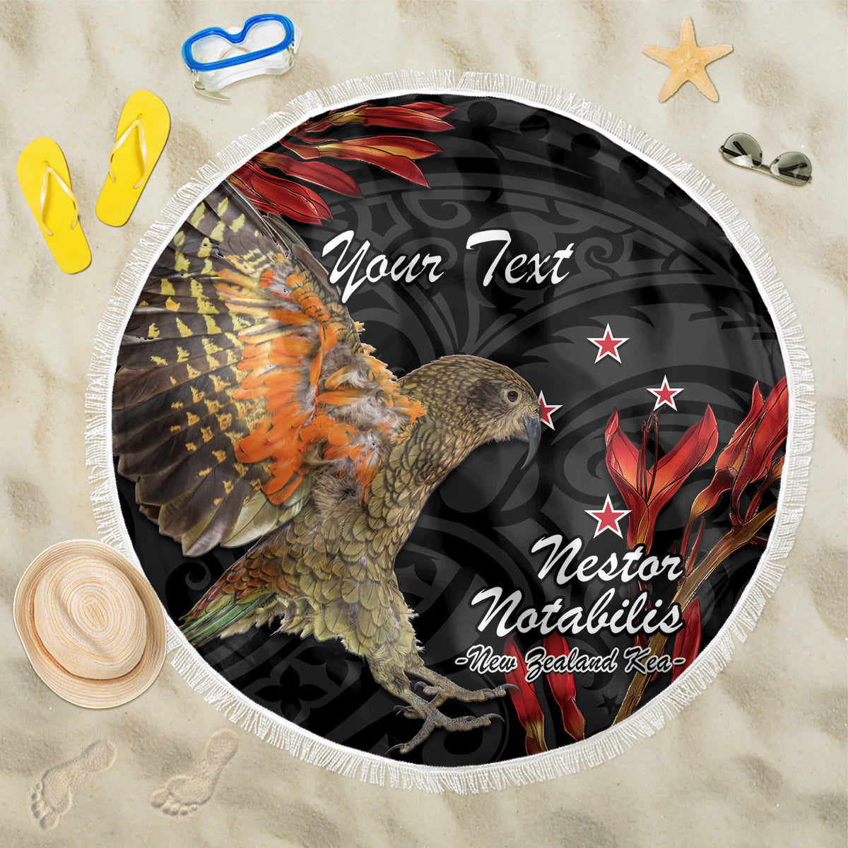 Personalised New Zealand Kea Beach Blanket Nestor Notabilis With Harakeke Maori Pattern