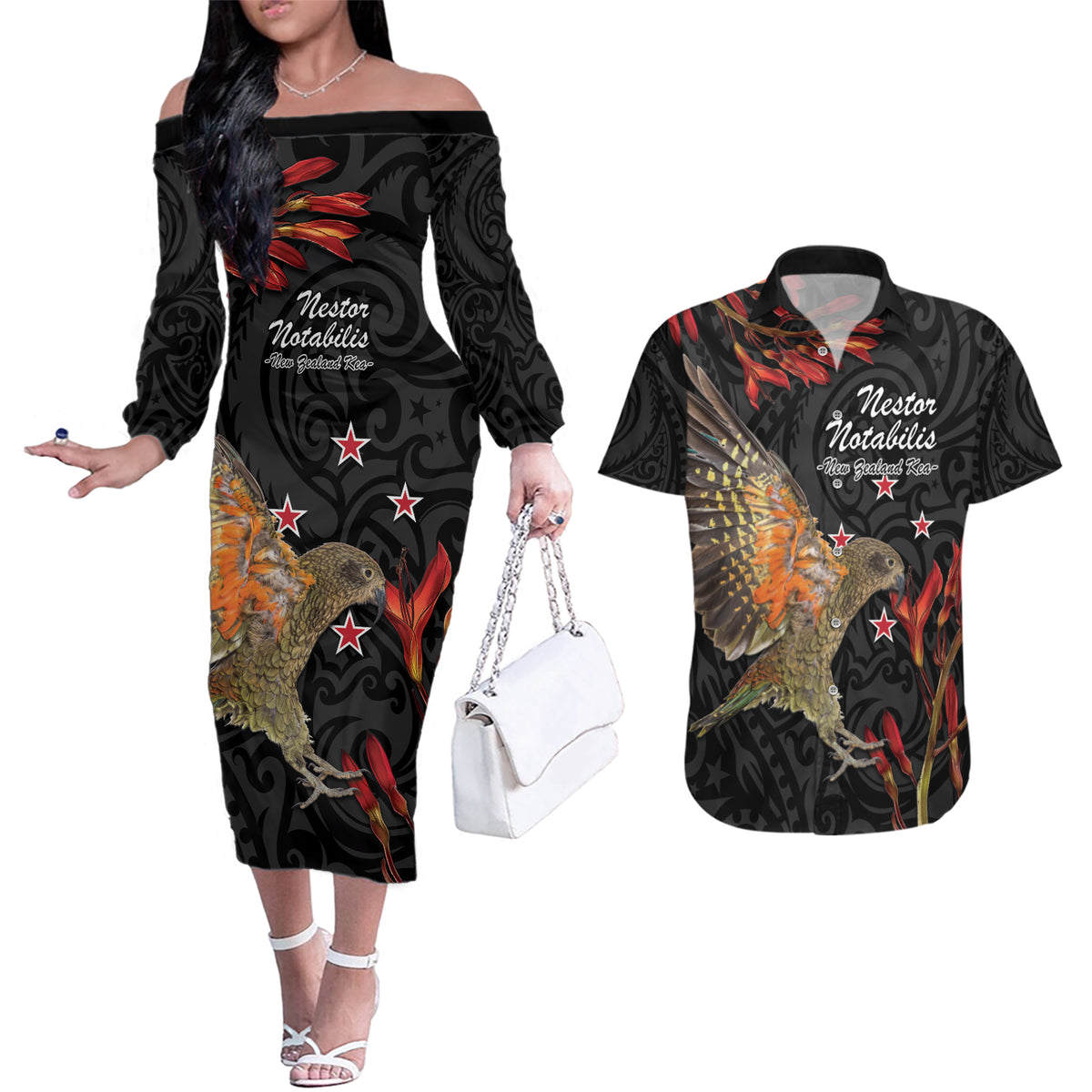 Personalised New Zealand Kea Couples Matching Off The Shoulder Long Sleeve Dress and Hawaiian Shirt Nestor Notabilis With Harakeke Maori Pattern