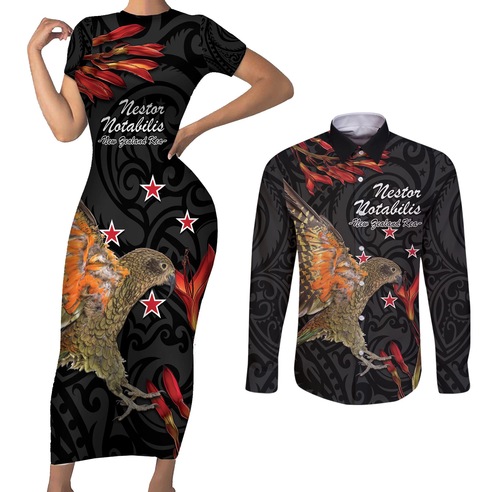 Personalised New Zealand Kea Couples Matching Short Sleeve Bodycon Dress and Long Sleeve Button Shirt Nestor Notabilis With Harakeke Maori Pattern LT14 Black - Polynesian Pride