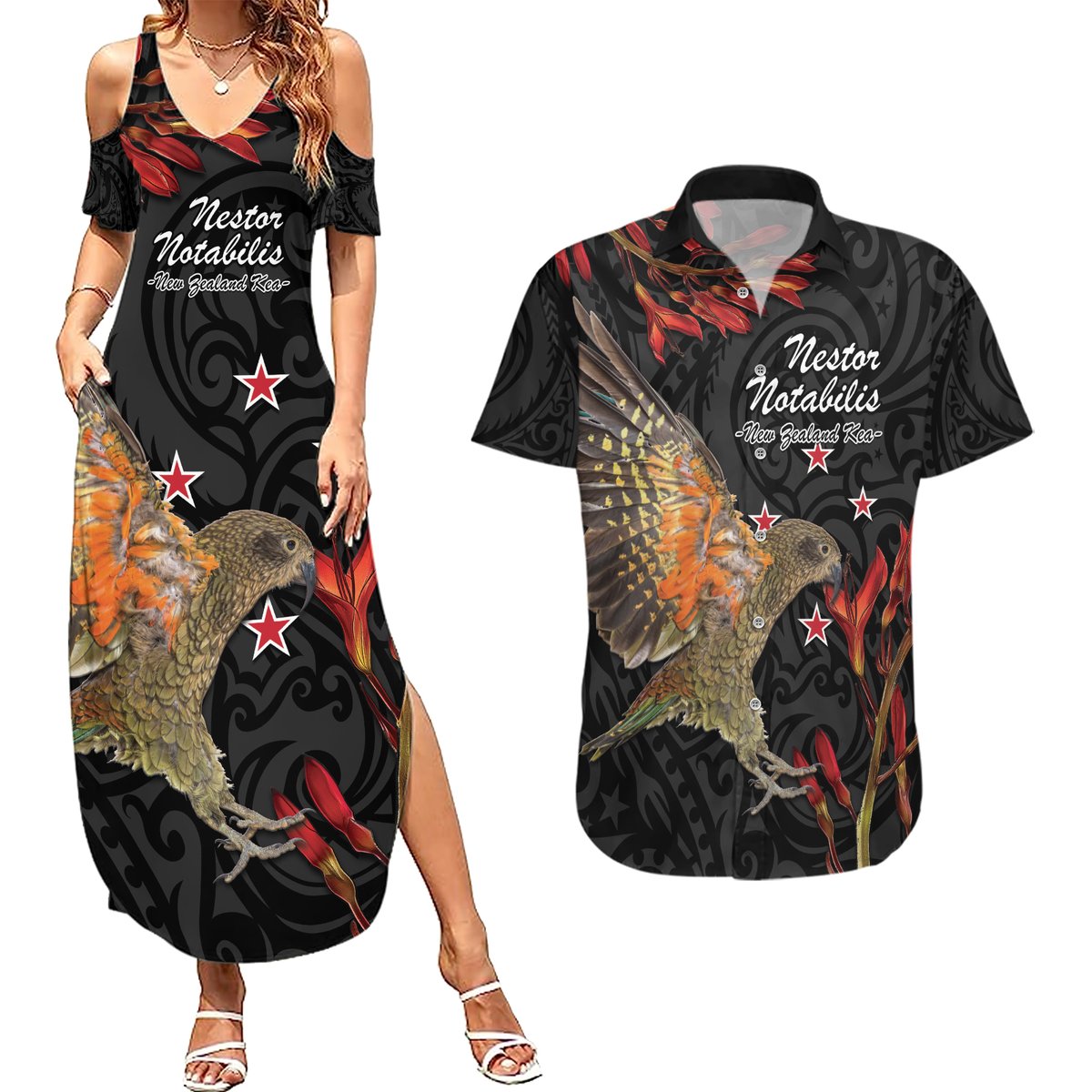 Personalised New Zealand Kea Couples Matching Summer Maxi Dress and Hawaiian Shirt Nestor Notabilis With Harakeke Maori Pattern