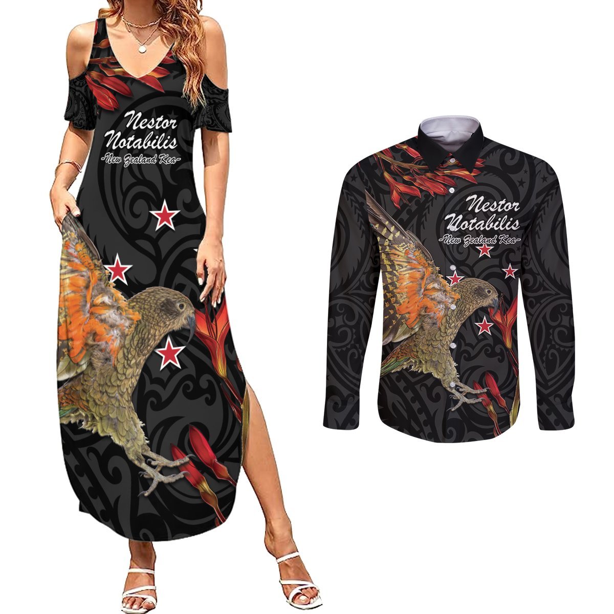 Personalised New Zealand Kea Couples Matching Summer Maxi Dress and Long Sleeve Button Shirt Nestor Notabilis With Harakeke Maori Pattern LT14 Black - Polynesian Pride