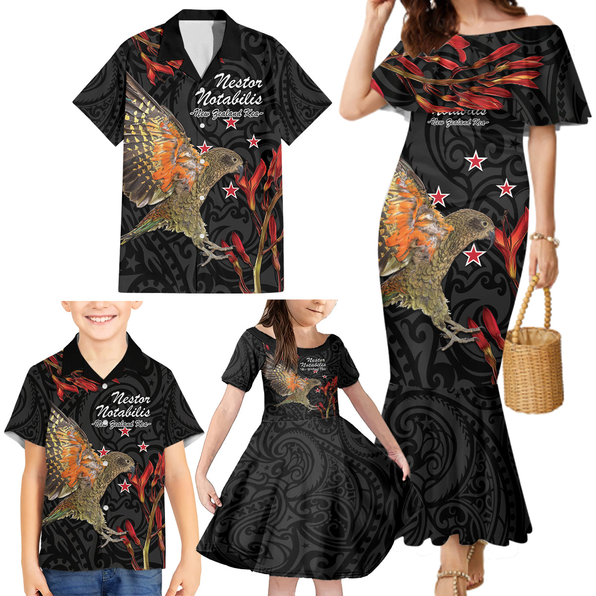 Personalised New Zealand Kea Family Matching Mermaid Dress and Hawaiian Shirt Nestor Notabilis With Harakeke Maori Pattern