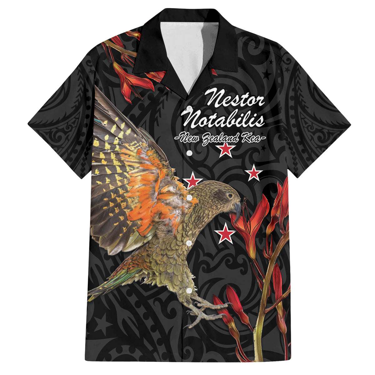Personalised New Zealand Kea Family Matching Off The Shoulder Long Sleeve Dress and Hawaiian Shirt Nestor Notabilis With Harakeke Maori Pattern LT14 Dad's Shirt - Short Sleeve Black - Polynesian Pride