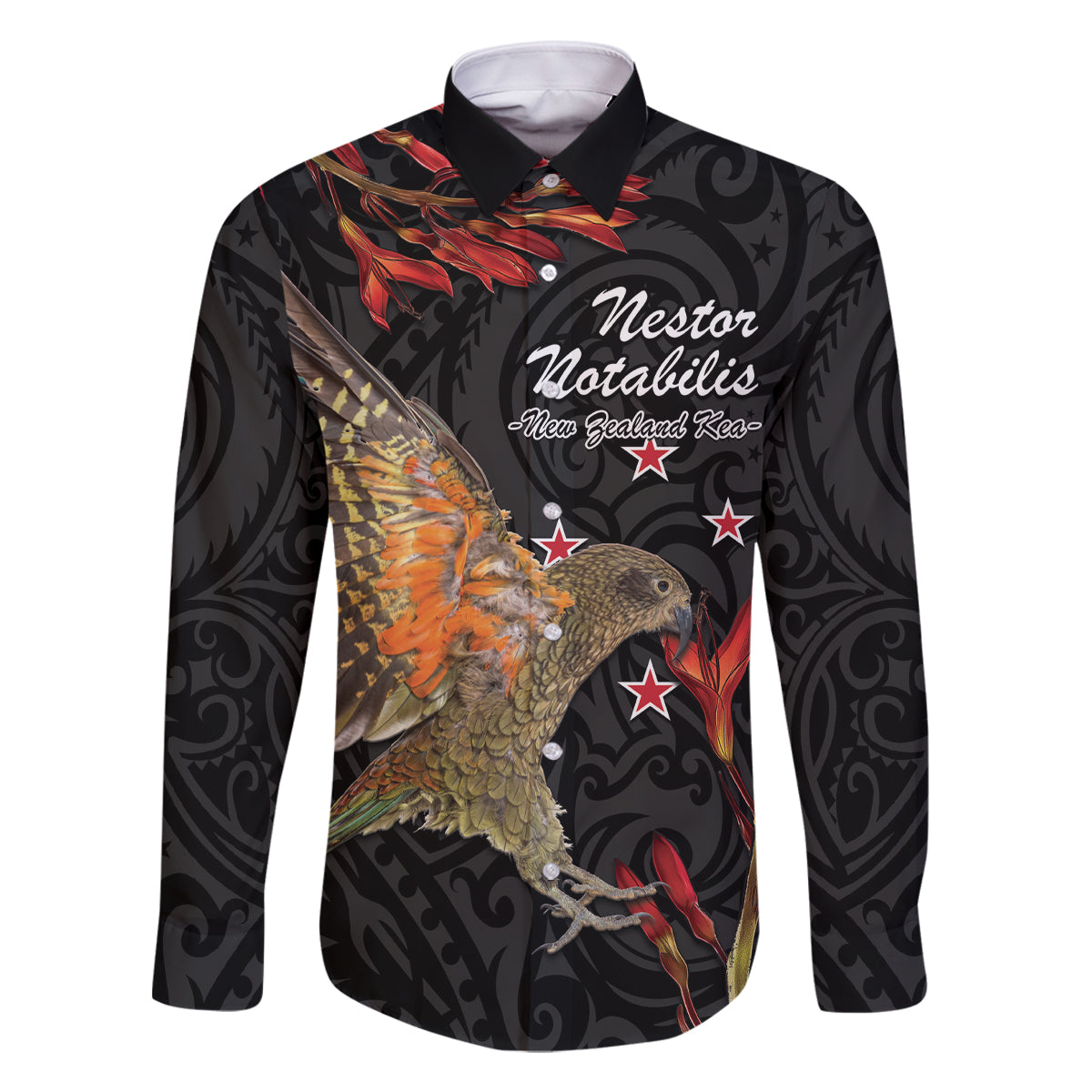 Personalised New Zealand Kea Family Matching Off The Shoulder Long Sleeve Dress and Hawaiian Shirt Nestor Notabilis With Harakeke Maori Pattern LT14 Dad's Shirt - Long Sleeve Black - Polynesian Pride