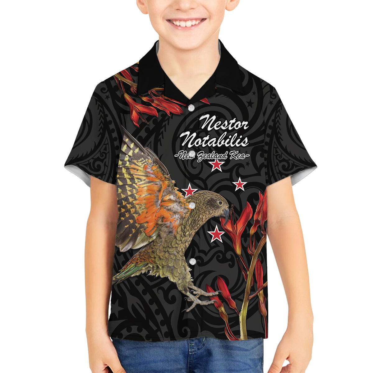 Personalised New Zealand Kea Family Matching Off The Shoulder Long Sleeve Dress and Hawaiian Shirt Nestor Notabilis With Harakeke Maori Pattern LT14 Son's Shirt Black - Polynesian Pride