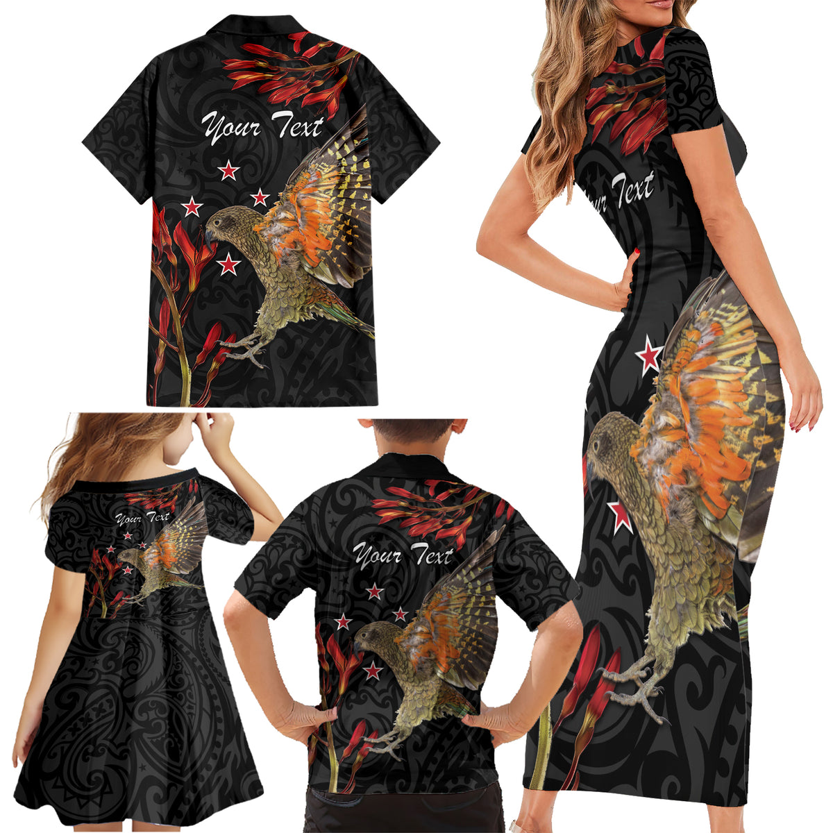 Personalised New Zealand Kea Family Matching Short Sleeve Bodycon Dress and Hawaiian Shirt Nestor Notabilis With Harakeke Maori Pattern
