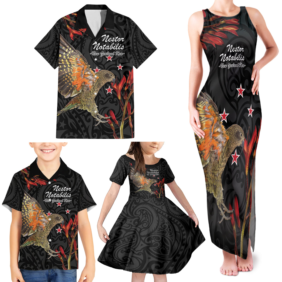 Personalised New Zealand Kea Family Matching Tank Maxi Dress and Hawaiian Shirt Nestor Notabilis With Harakeke Maori Pattern