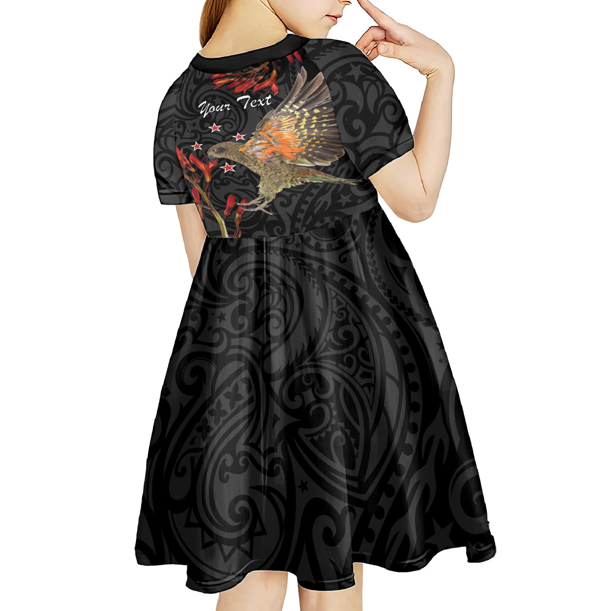 Personalised New Zealand Kea Kid Short Sleeve Dress Nestor Notabilis With Harakeke Maori Pattern LT14 - Polynesian Pride