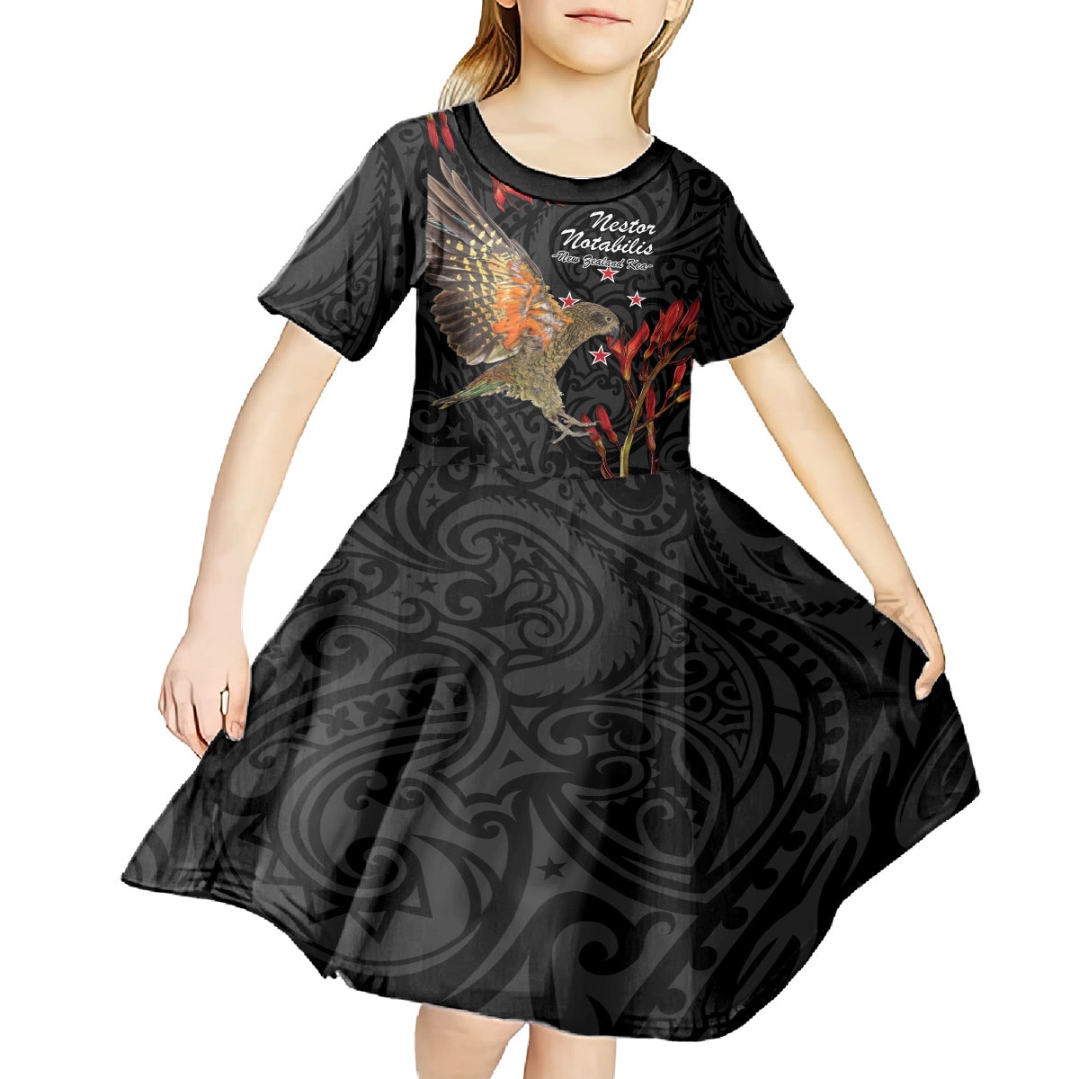 Personalised New Zealand Kea Kid Short Sleeve Dress Nestor Notabilis With Harakeke Maori Pattern LT14 - Polynesian Pride
