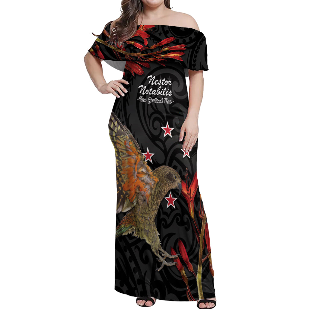 Personalised New Zealand Kea Off Shoulder Maxi Dress Nestor Notabilis With Harakeke Maori Pattern LT14 Women Black - Polynesian Pride