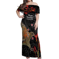 Personalised New Zealand Kea Off Shoulder Maxi Dress Nestor Notabilis With Harakeke Maori Pattern LT14 Women Black - Polynesian Pride