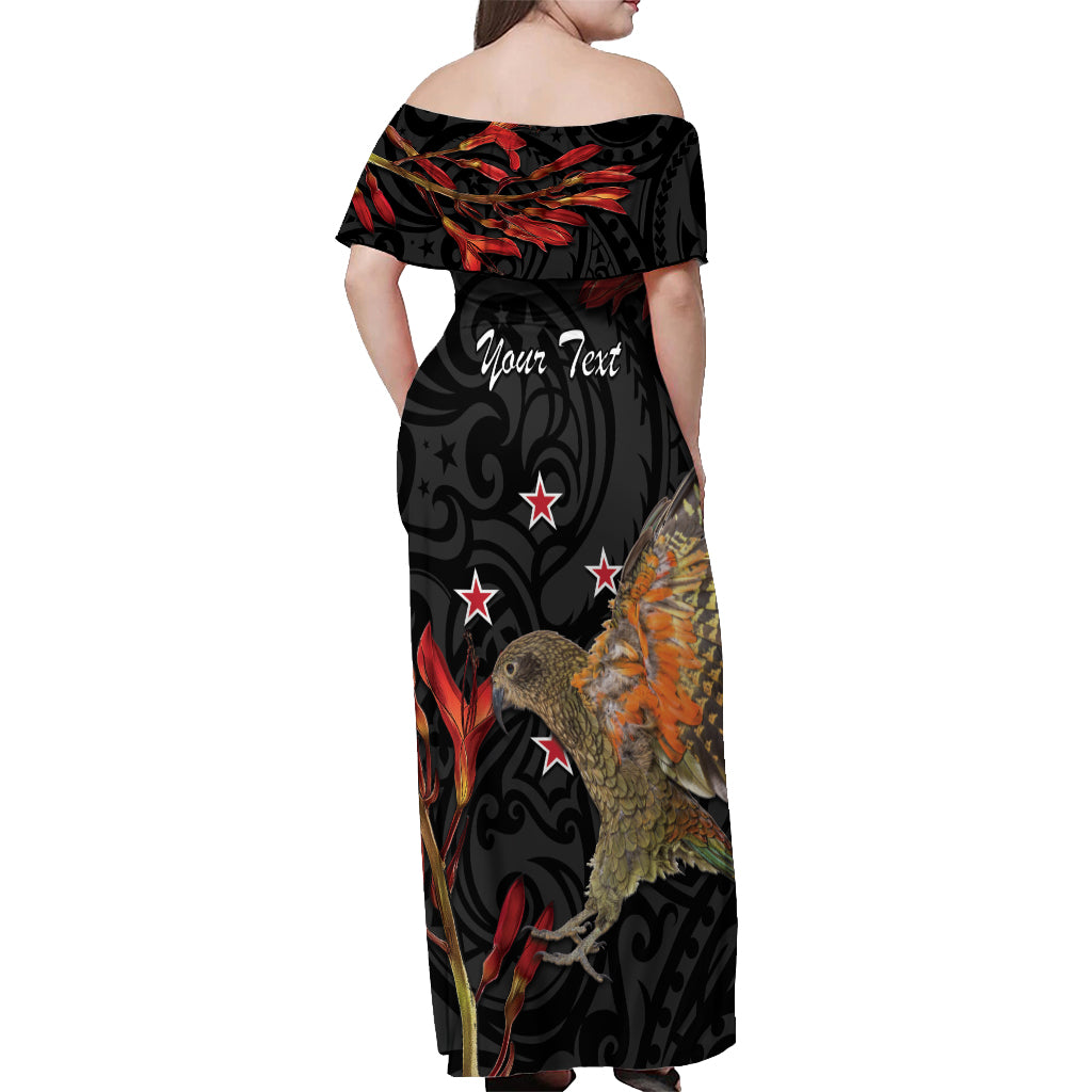 Personalised New Zealand Kea Off Shoulder Maxi Dress Nestor Notabilis With Harakeke Maori Pattern LT14 - Polynesian Pride