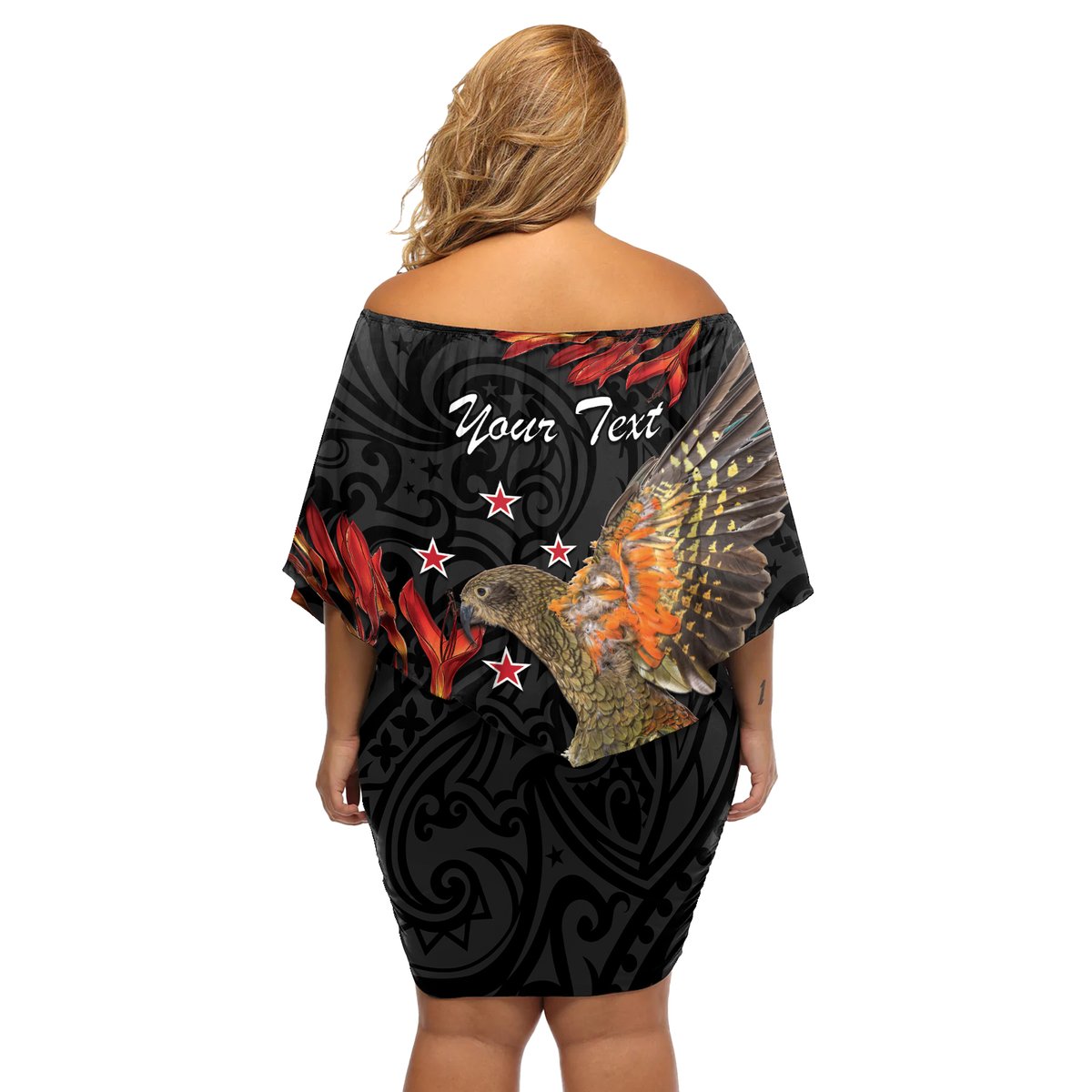 Personalised New Zealand Kea Off Shoulder Short Dress Nestor Notabilis With Harakeke Maori Pattern LT14 - Polynesian Pride