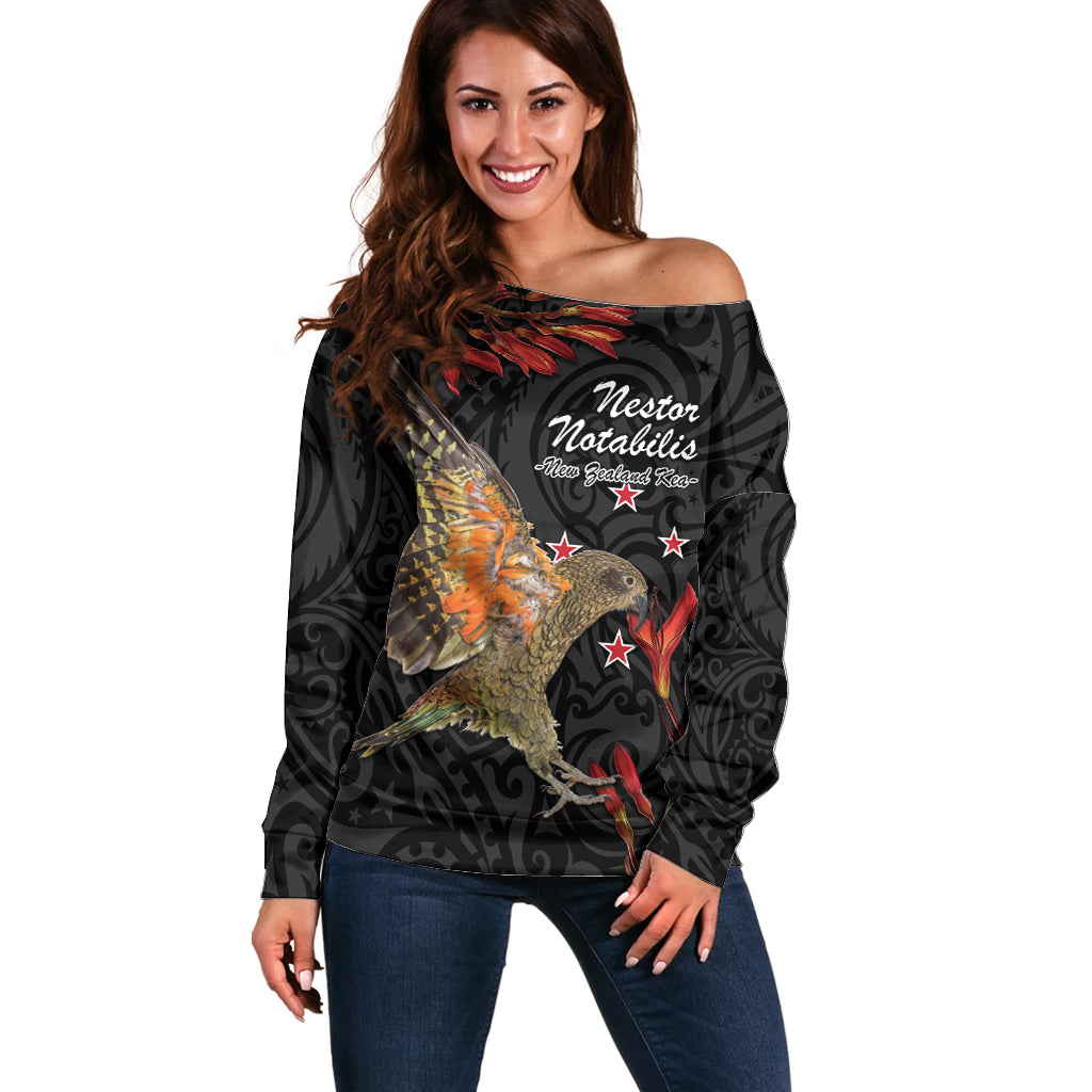 Personalised New Zealand Kea Off Shoulder Sweater Nestor Notabilis With Harakeke Maori Pattern