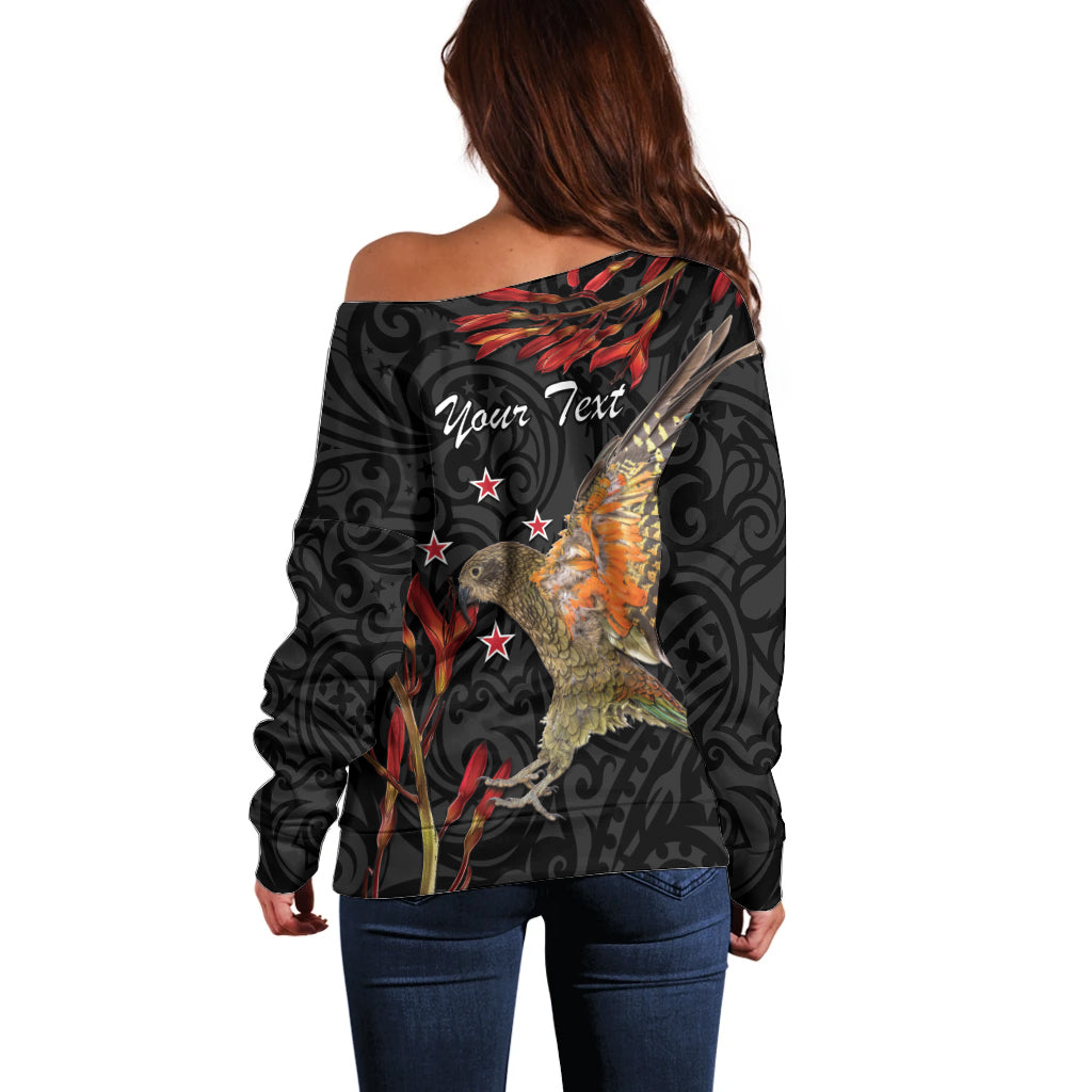 Personalised New Zealand Kea Off Shoulder Sweater Nestor Notabilis With Harakeke Maori Pattern