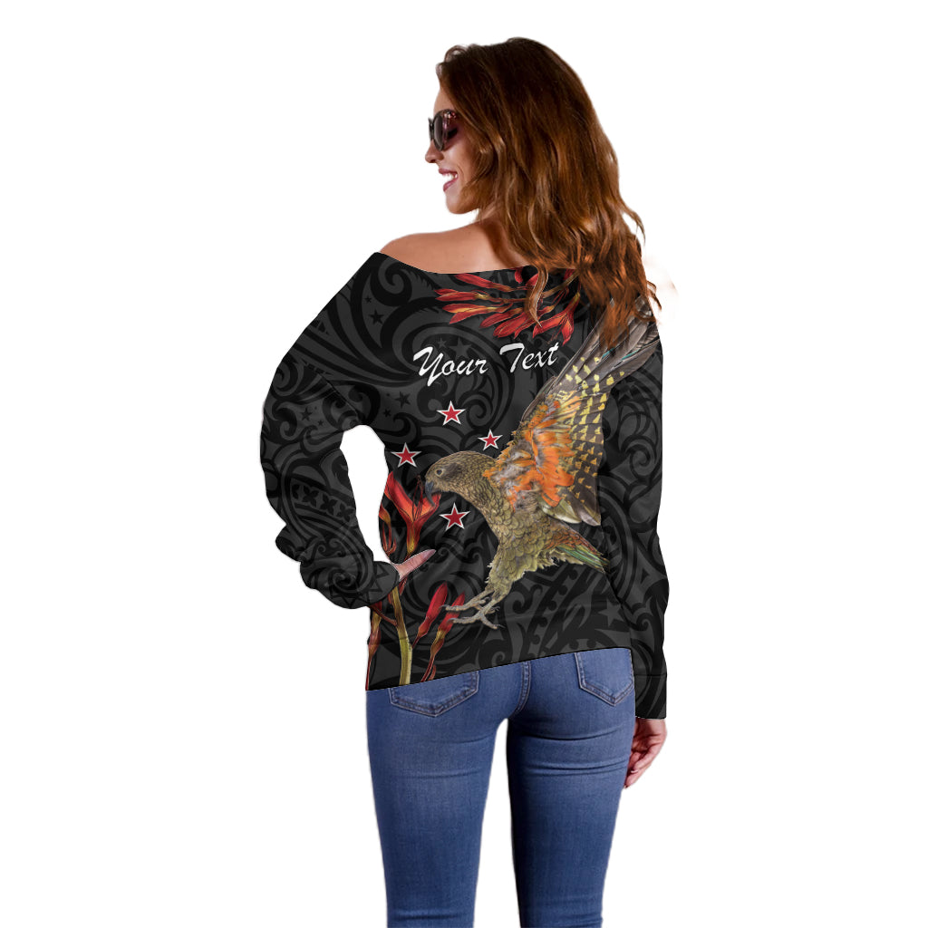 Personalised New Zealand Kea Off Shoulder Sweater Nestor Notabilis With Harakeke Maori Pattern