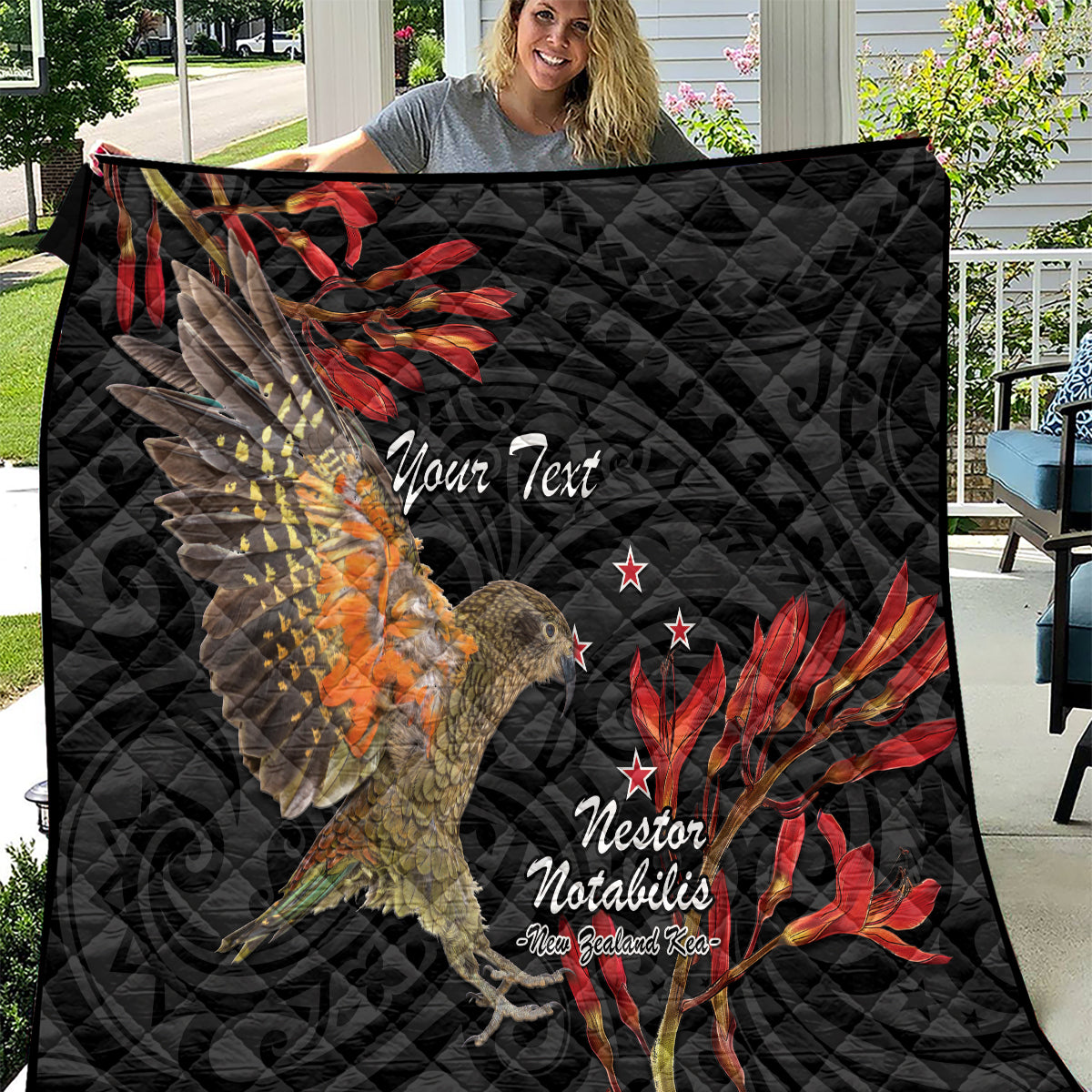 Personalised New Zealand Kea Quilt Nestor Notabilis With Harakeke Maori Pattern LT14 Black - Polynesian Pride