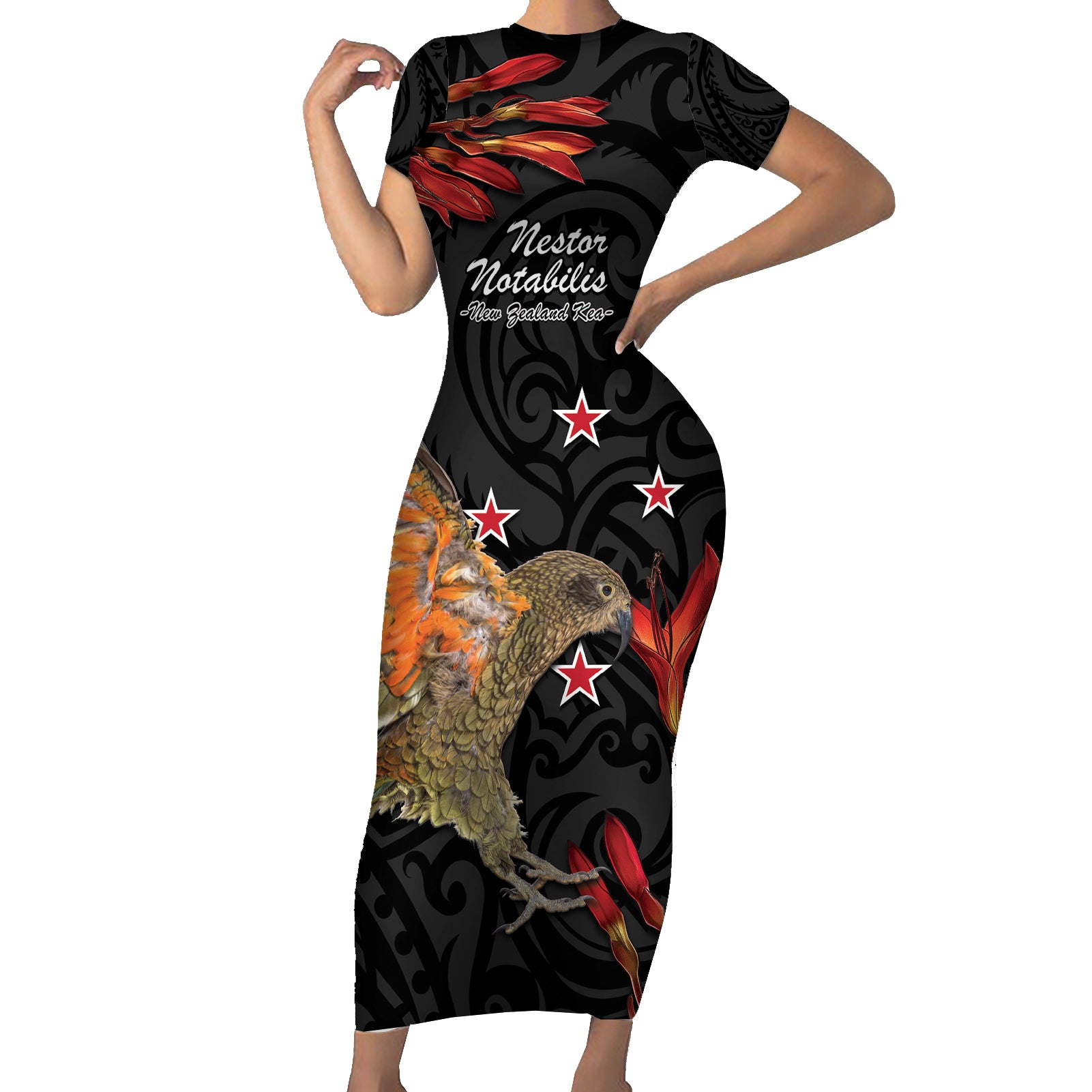 Personalised New Zealand Kea Short Sleeve Bodycon Dress Nestor Notabilis With Harakeke Maori Pattern