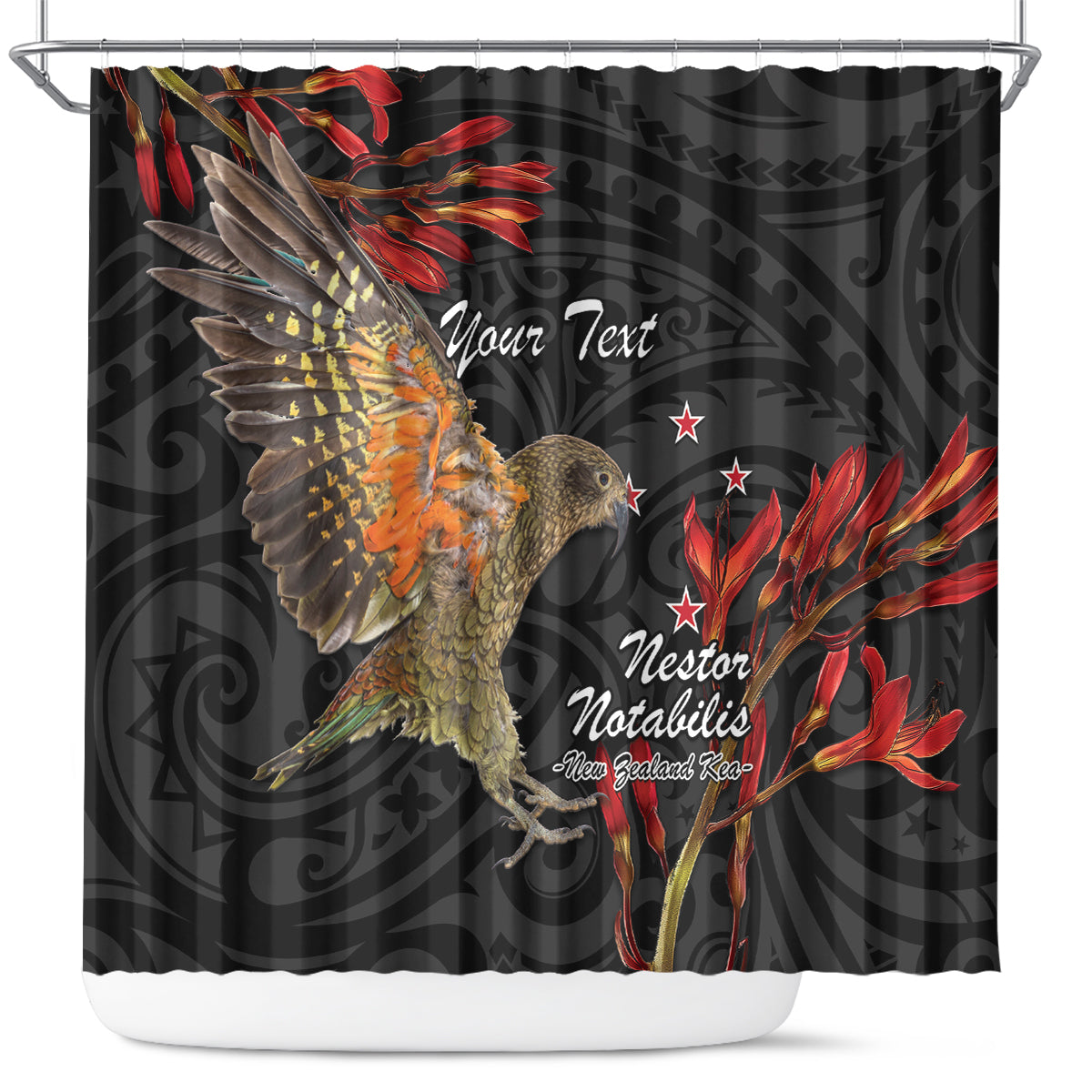 Personalised New Zealand Kea Shower Curtain Nestor Notabilis With Harakeke Maori Pattern LT14 Black - Polynesian Pride