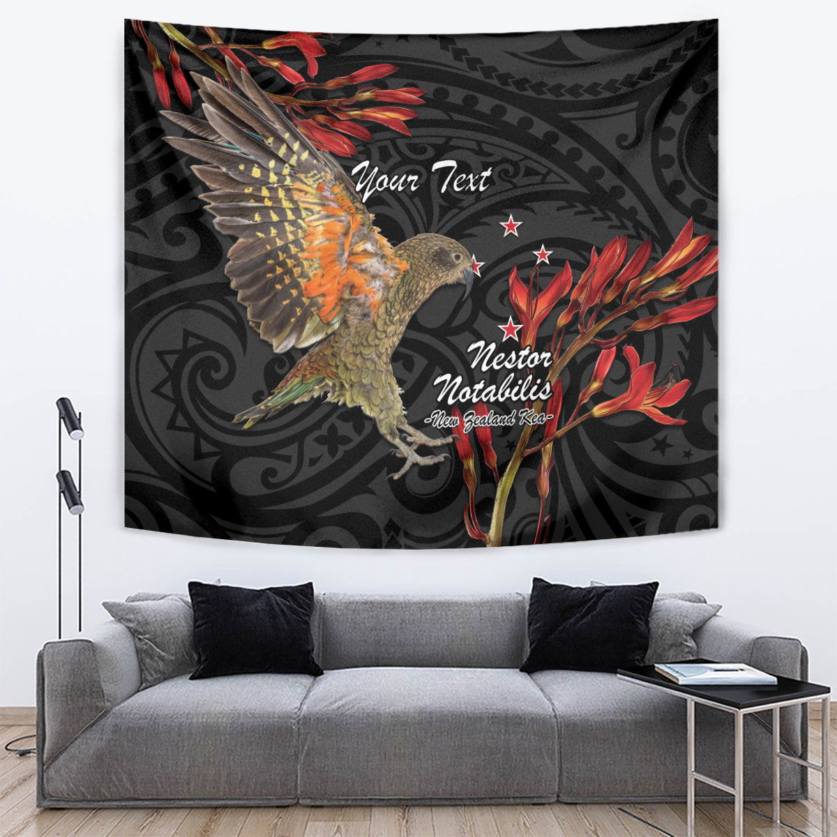 Personalised New Zealand Kea Tapestry Nestor Notabilis With Harakeke Maori Pattern LT14 Black - Polynesian Pride