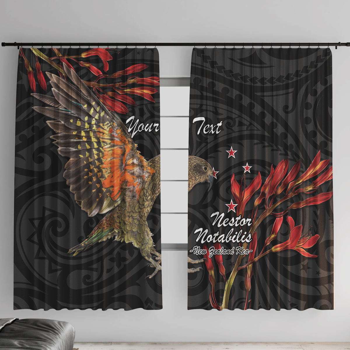 Personalised New Zealand Kea Window Curtain Nestor Notabilis With Harakeke Maori Pattern LT14 With Hooks Black - Polynesian Pride