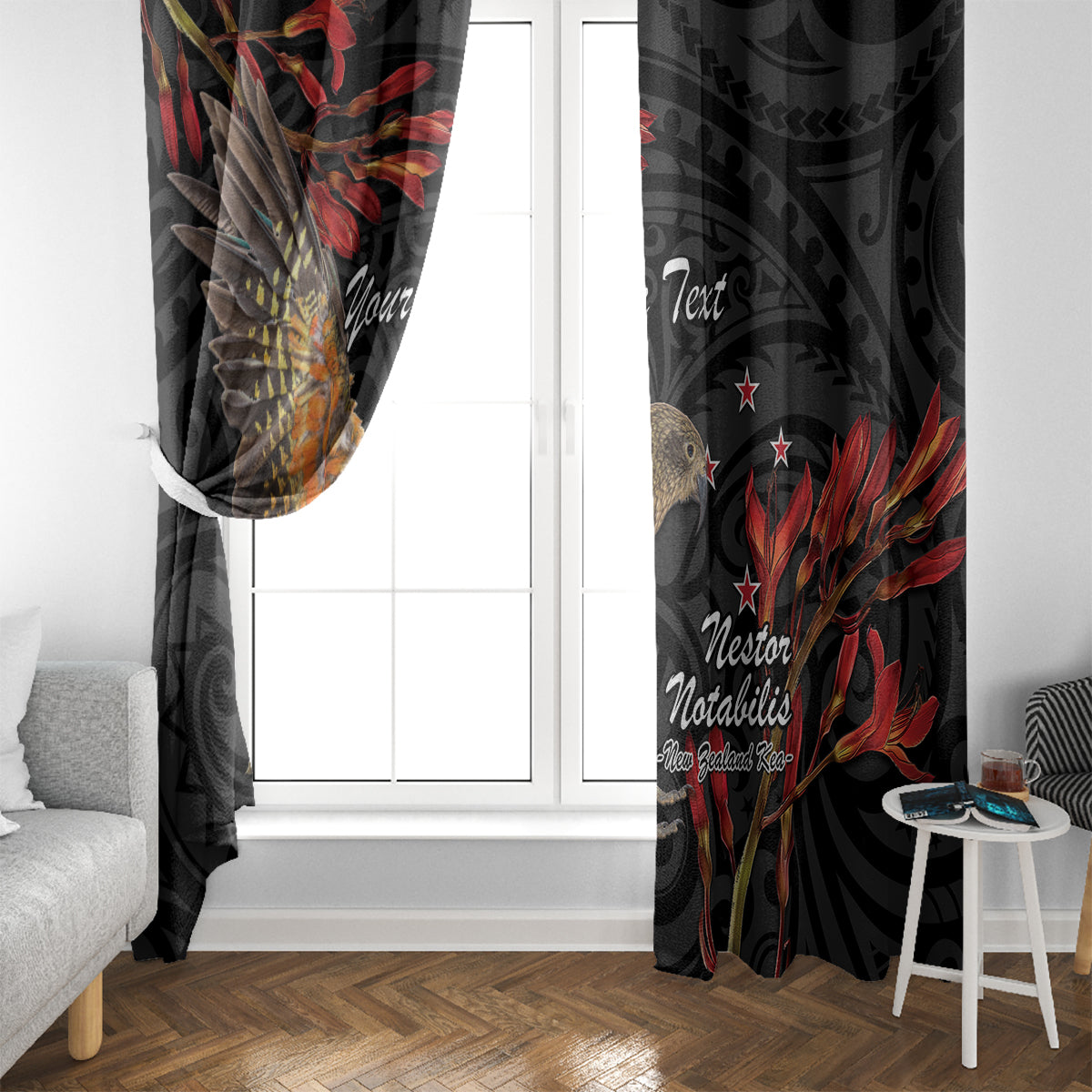 Personalised New Zealand Kea Window Curtain Nestor Notabilis With Harakeke Maori Pattern LT14 - Polynesian Pride