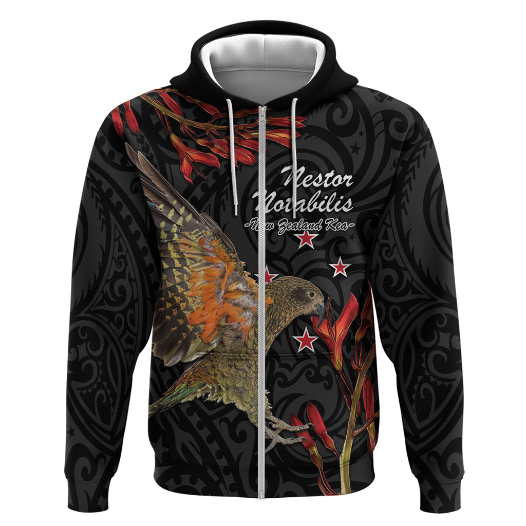 Personalised New Zealand Kea Zip Hoodie Nestor Notabilis With Harakeke Maori Pattern LT14 Zip Hoodie Black - Polynesian Pride