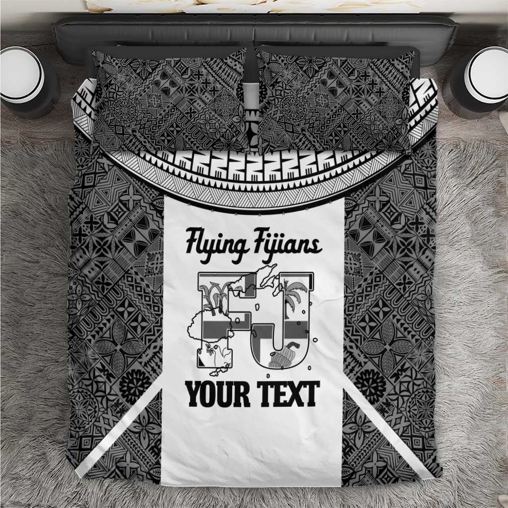 Custom Fiji Tapa Rugby Bedding Set Flying Fijian Black And White Version