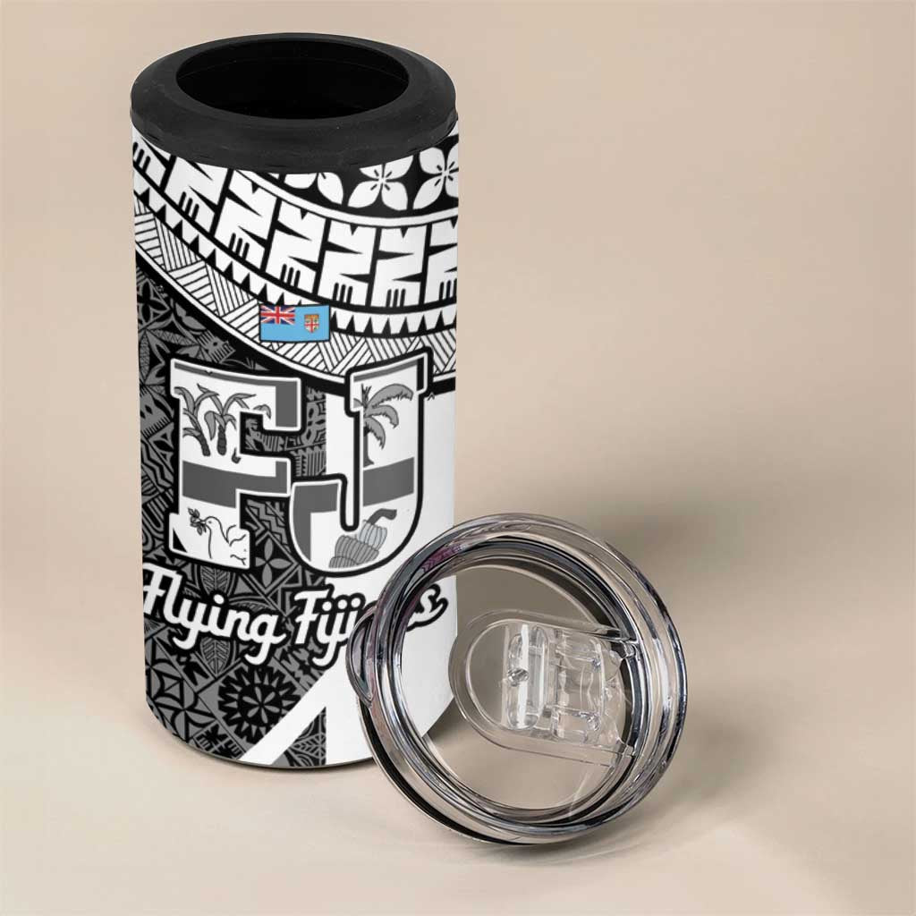 Custom Fiji Tapa Rugby 4 in 1 Can Cooler Tumbler Flying Fijian Black And White Version