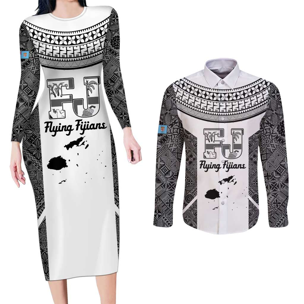 Custom Fiji Tapa Rugby Couples Matching Long Sleeve Bodycon Dress and Long Sleeve Button Shirt Flying Fijian Black And White Version