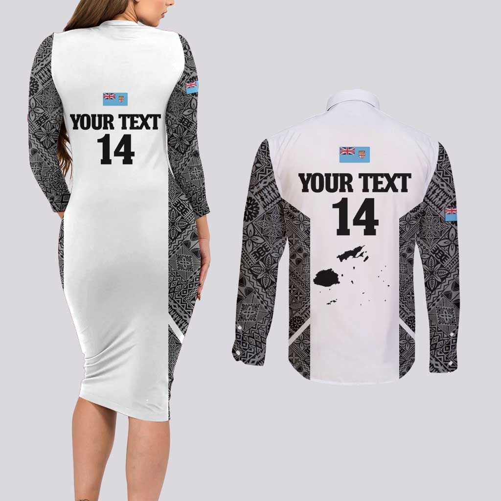 Custom Fiji Tapa Rugby Couples Matching Long Sleeve Bodycon Dress and Long Sleeve Button Shirt Flying Fijian Black And White Version