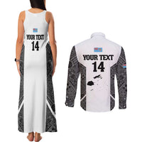 Custom Fiji Tapa Rugby Couples Matching Tank Maxi Dress and Long Sleeve Button Shirt Flying Fijian Black And White Version
