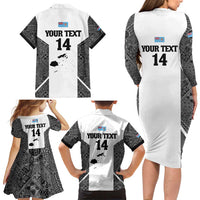 Custom Fiji Tapa Rugby Family Matching Long Sleeve Bodycon Dress and Hawaiian Shirt Flying Fijian Black And White Version