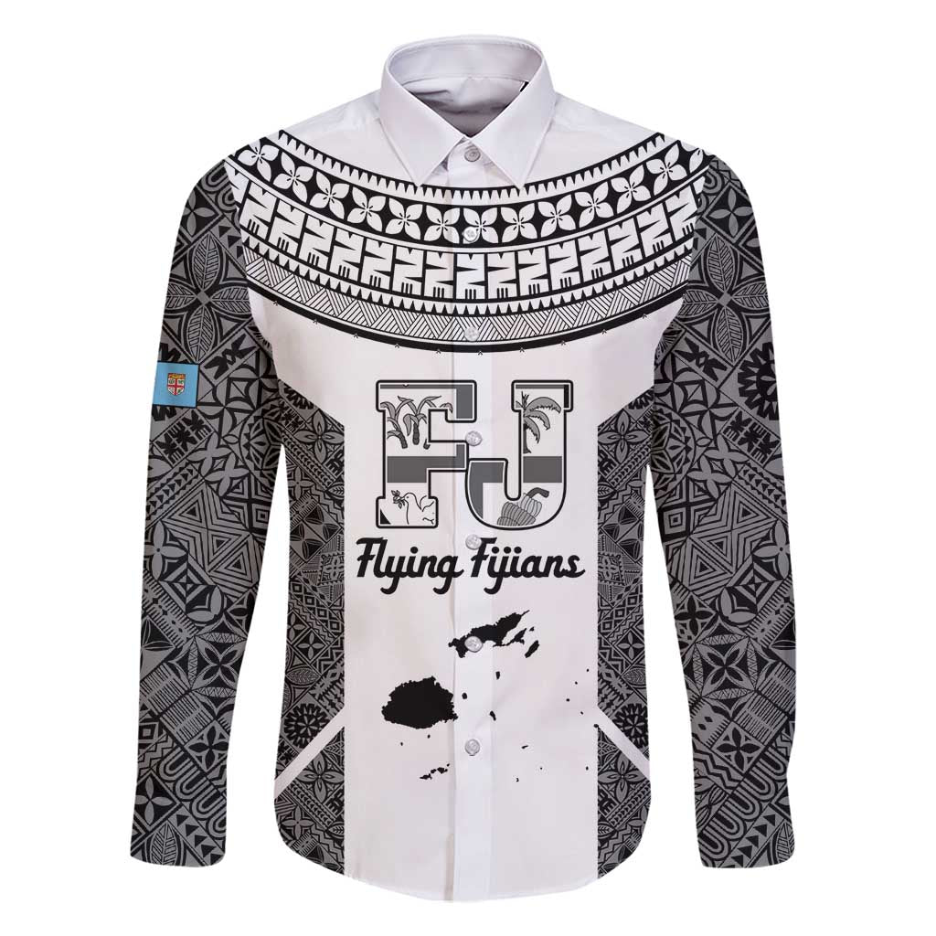 Custom Fiji Tapa Rugby Family Matching Long Sleeve Bodycon Dress and Hawaiian Shirt Flying Fijian Black And White Version