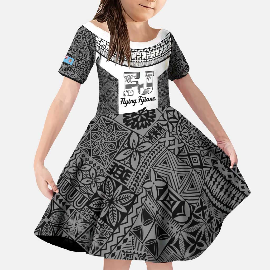 Custom Fiji Tapa Rugby Family Matching Mermaid Dress and Hawaiian Shirt Flying Fijian Black And White Version