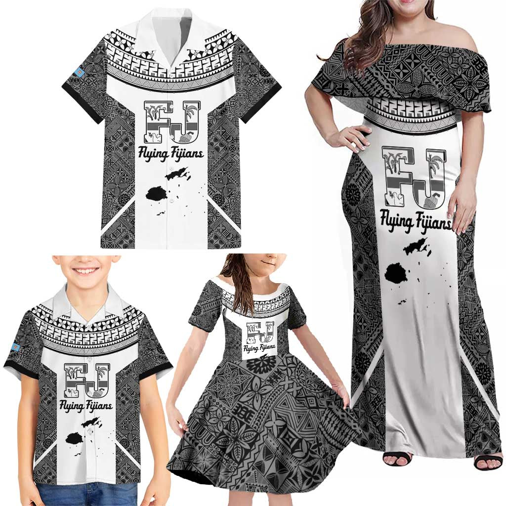 Custom Fiji Tapa Rugby Family Matching Off Shoulder Maxi Dress and Hawaiian Shirt Flying Fijian Black And White Version