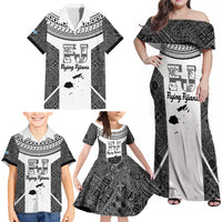 Custom Fiji Tapa Rugby Family Matching Off Shoulder Maxi Dress and Hawaiian Shirt Flying Fijian Black And White Version