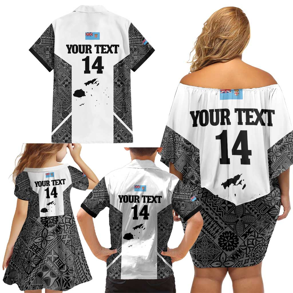 Custom Fiji Tapa Rugby Family Matching Off Shoulder Short Dress and Hawaiian Shirt Flying Fijian Black And White Version